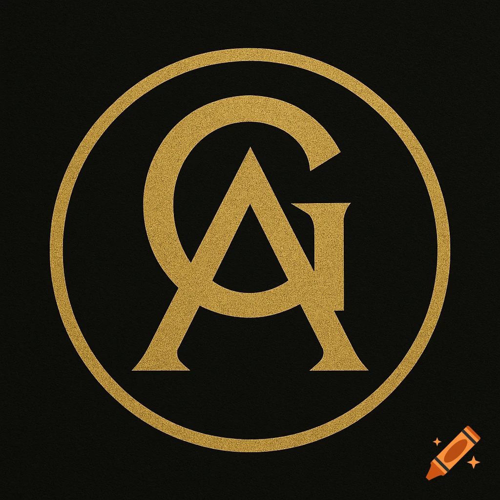 A gold monogram of letters G and A inside a gold circle on a black background.