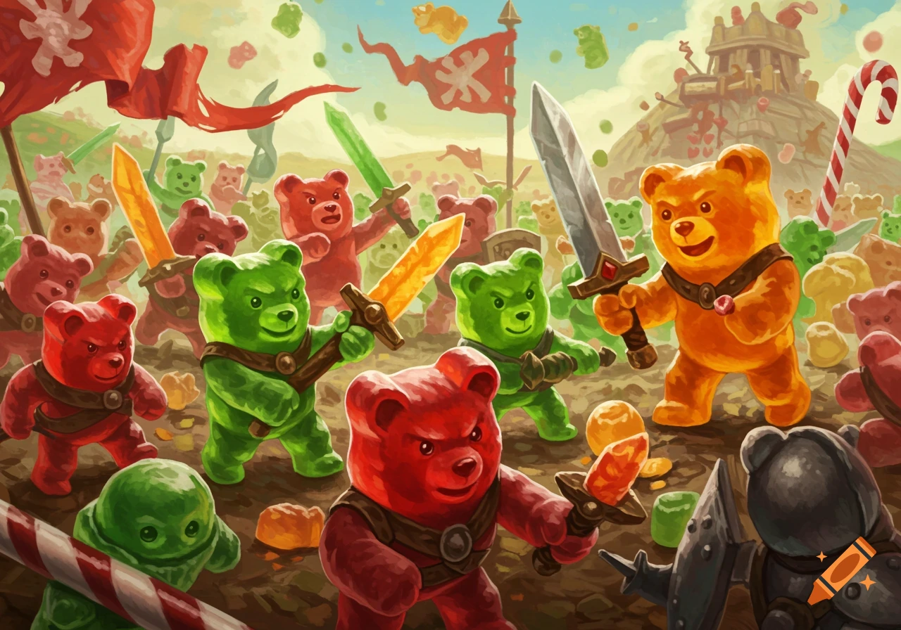 Gummy bear warriors with swords battle on a colorful, candy-themed landscape with a candy cane and castle.