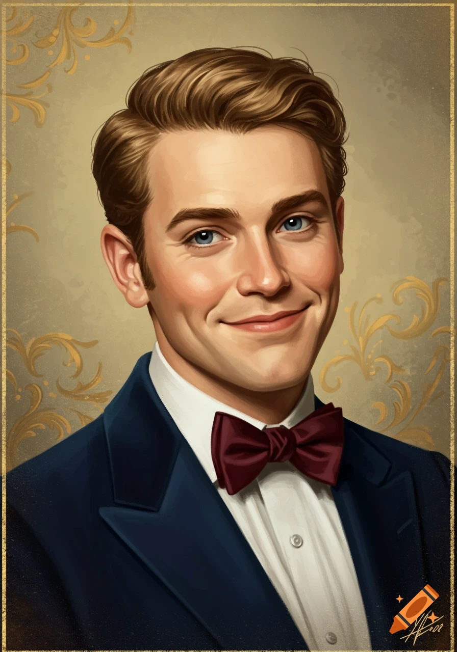 Portrait painting of a man in a dark blue tuxedo and maroon bow tie, against a gold scrollwork background.