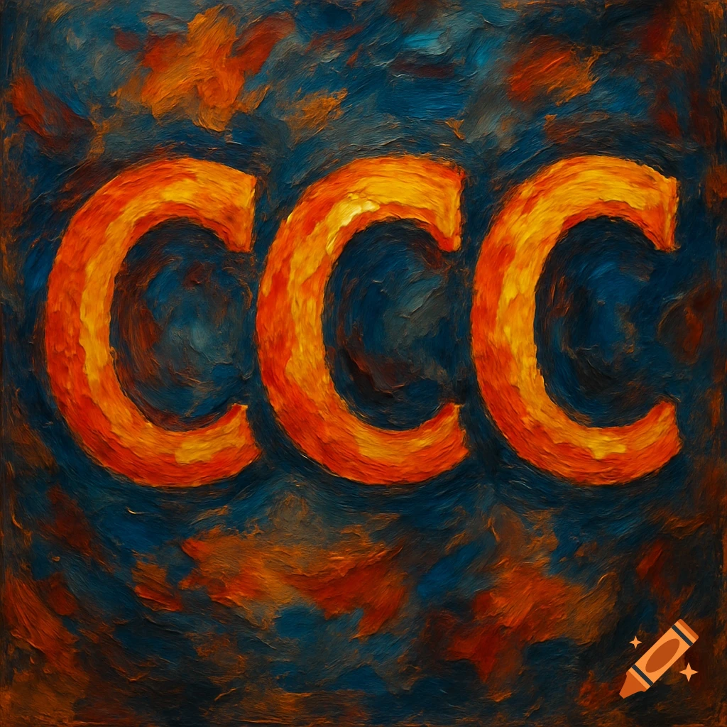 Three bold orange 'CCC' letters on a textured, dark blue and orange oil painting background.
