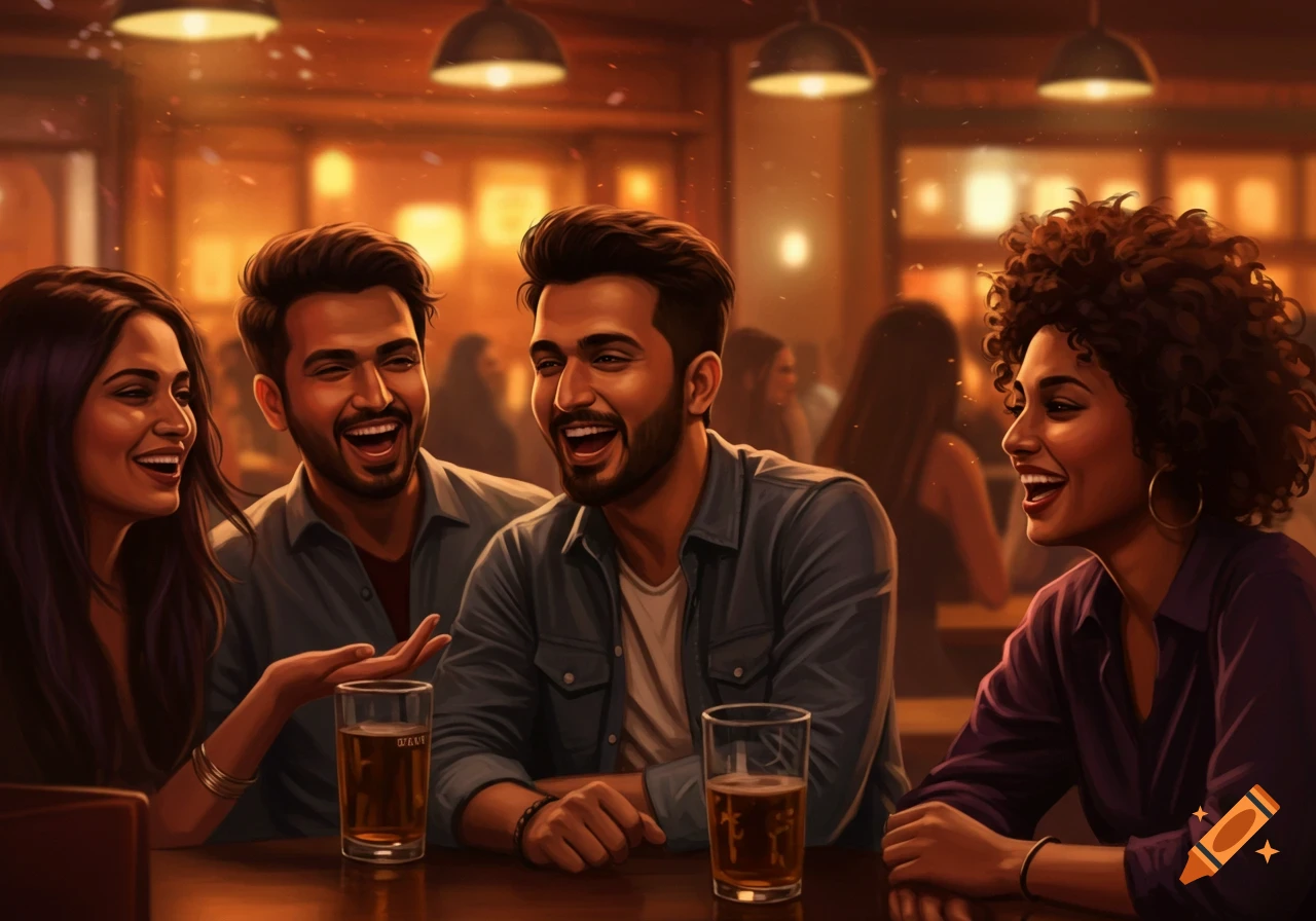 Four happy young people, two men and two women, laughing and socializing at a pub with drinks, bathed in warm, golden light.