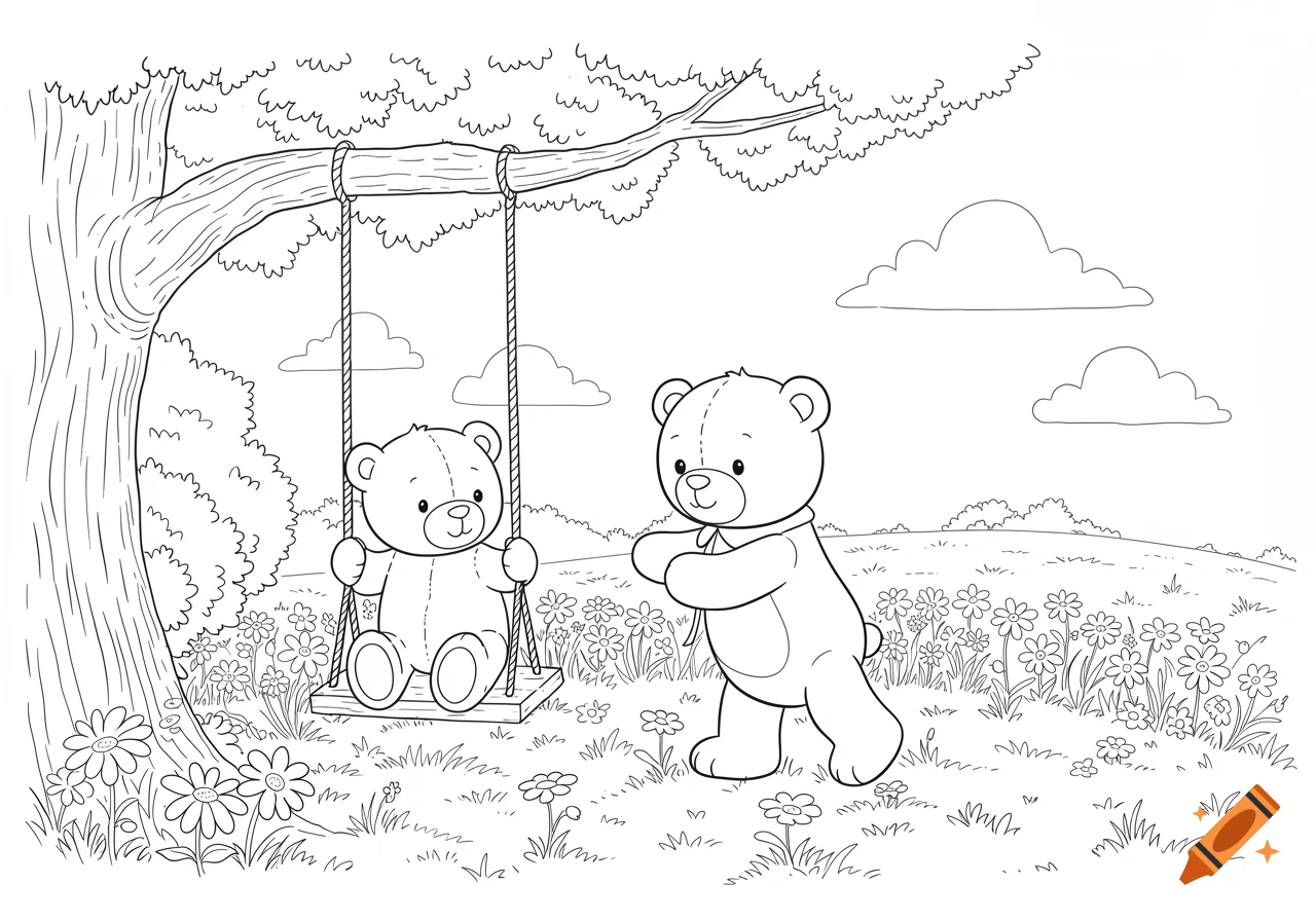 Black and white line art coloring page of two teddy bears in a field of wildflowers. One teddy bear sits on a swing hanging from a tree, while another pushes it.