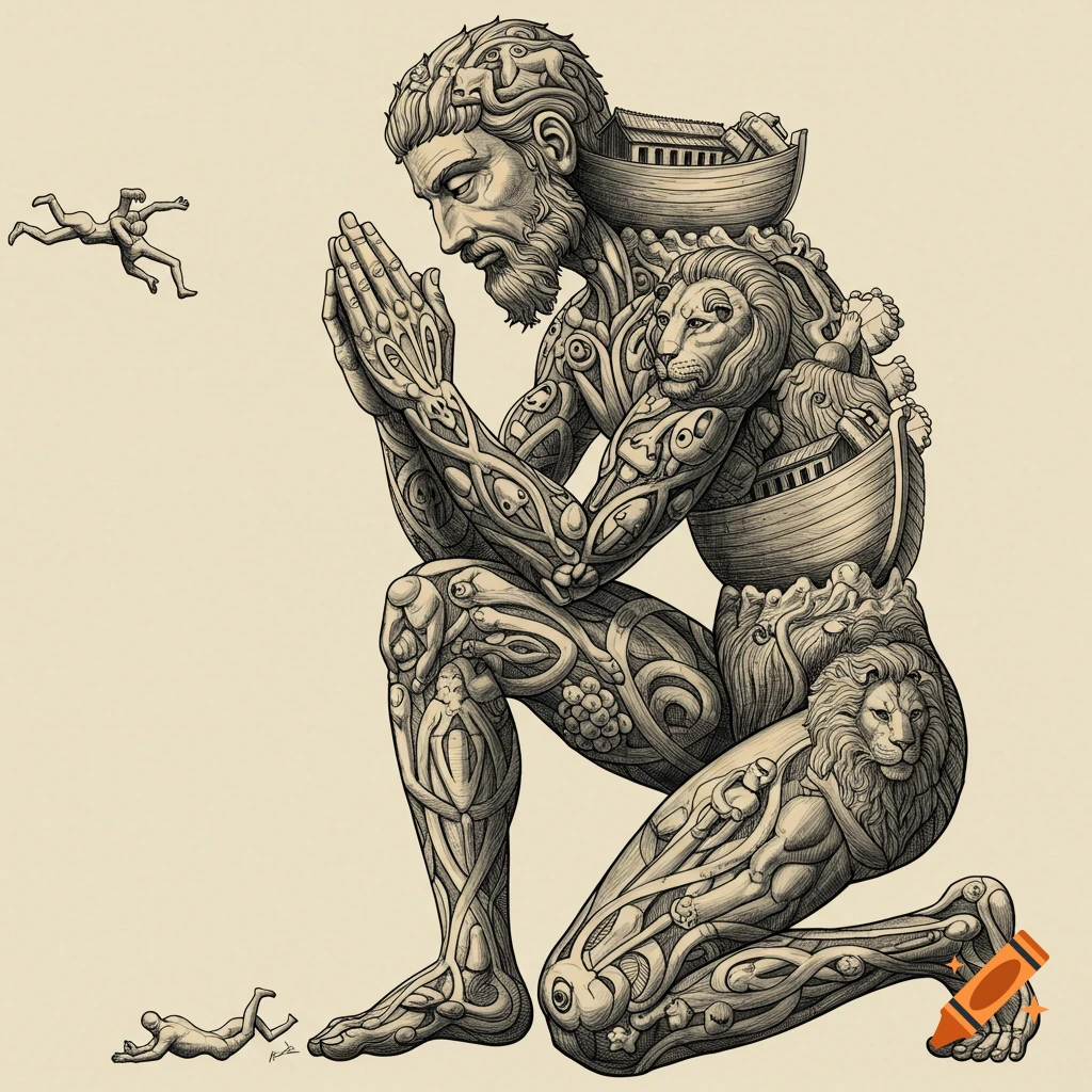 Drawing of a kneeling figure composed of lions, an ark, and small human figures, in an optical illusion style.