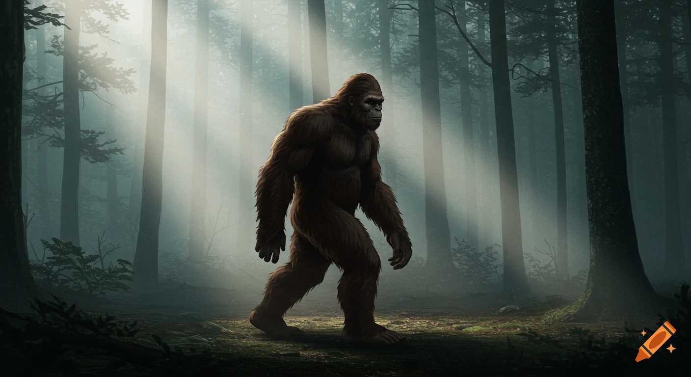 Bigfoot walks through a foggy forest with rays of light filtering through the trees.