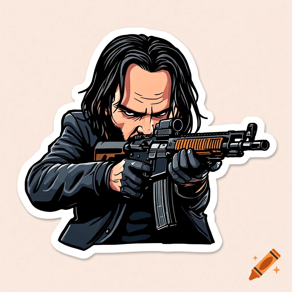 A stylized cartoon sticker of a man resembling John Wick aiming a rifle.