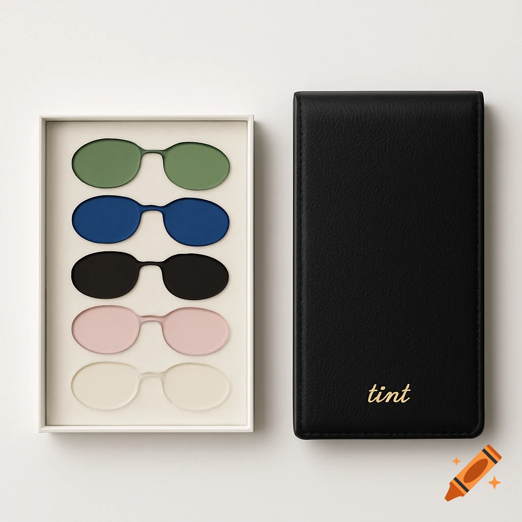 White box with green, blue, black, pink, and clear lenses, and a black leather case with 'tint' in gold.