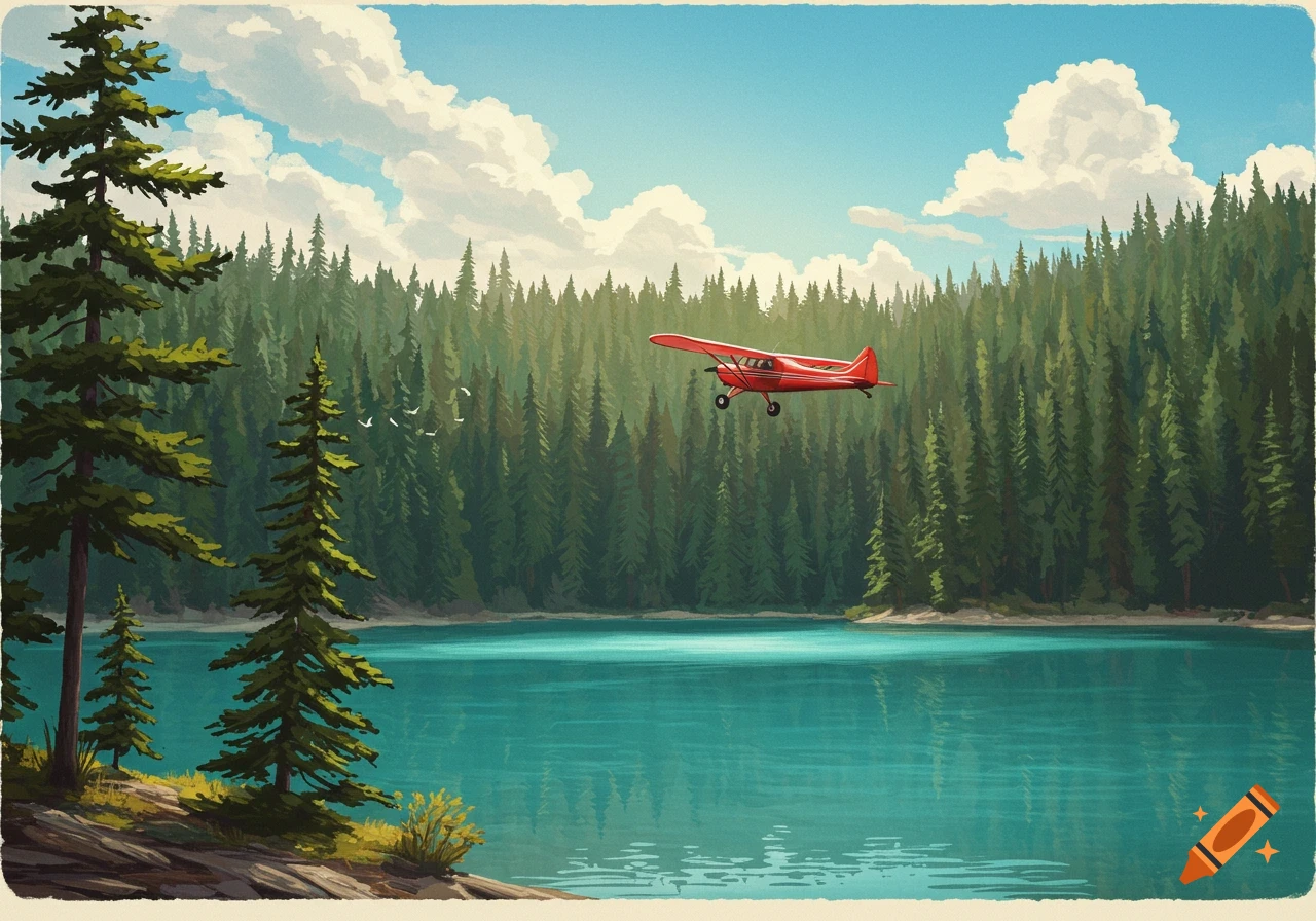 A red seaplane flies low over a blue lake surrounded by a dense green forest under a cloudy sky.
