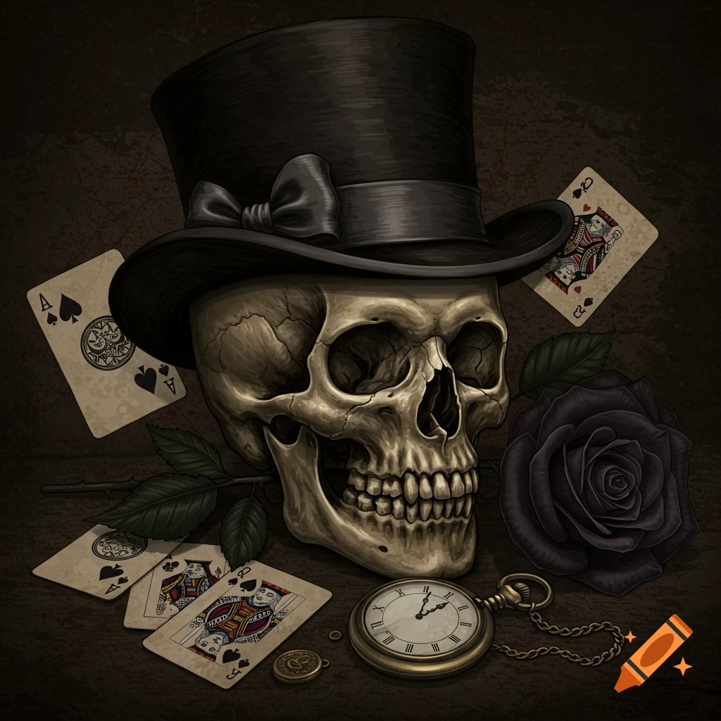 A stylized illustration of a skull wearing a top hat, surrounded by playing cards, a pocket watch, and a black rose.