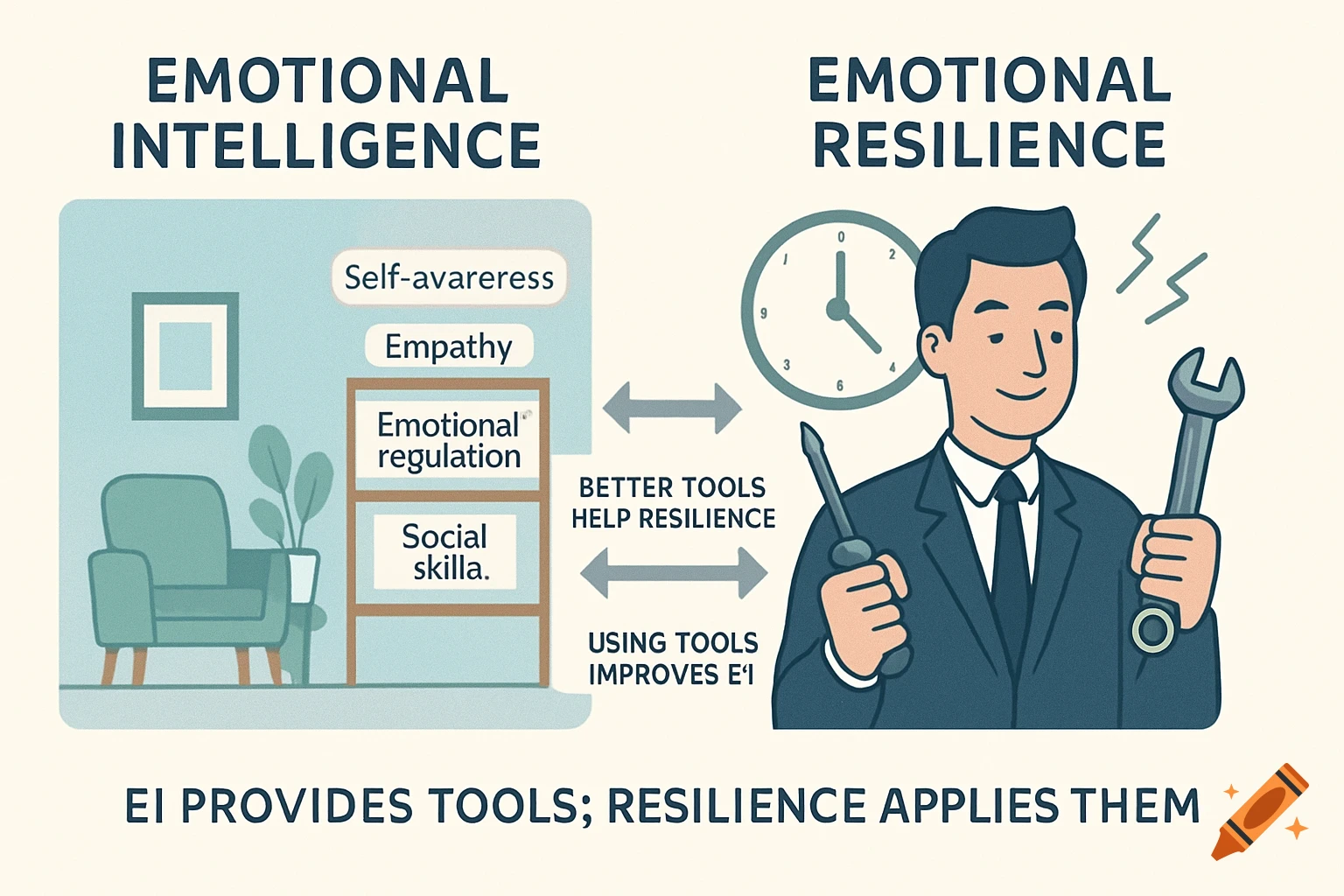 An infographic comparing emotional intelligence (self-awareness, empathy, emotional regulation, social skills) to emotional resilience, showing how tools from EI help resilience and using tools improves EI.