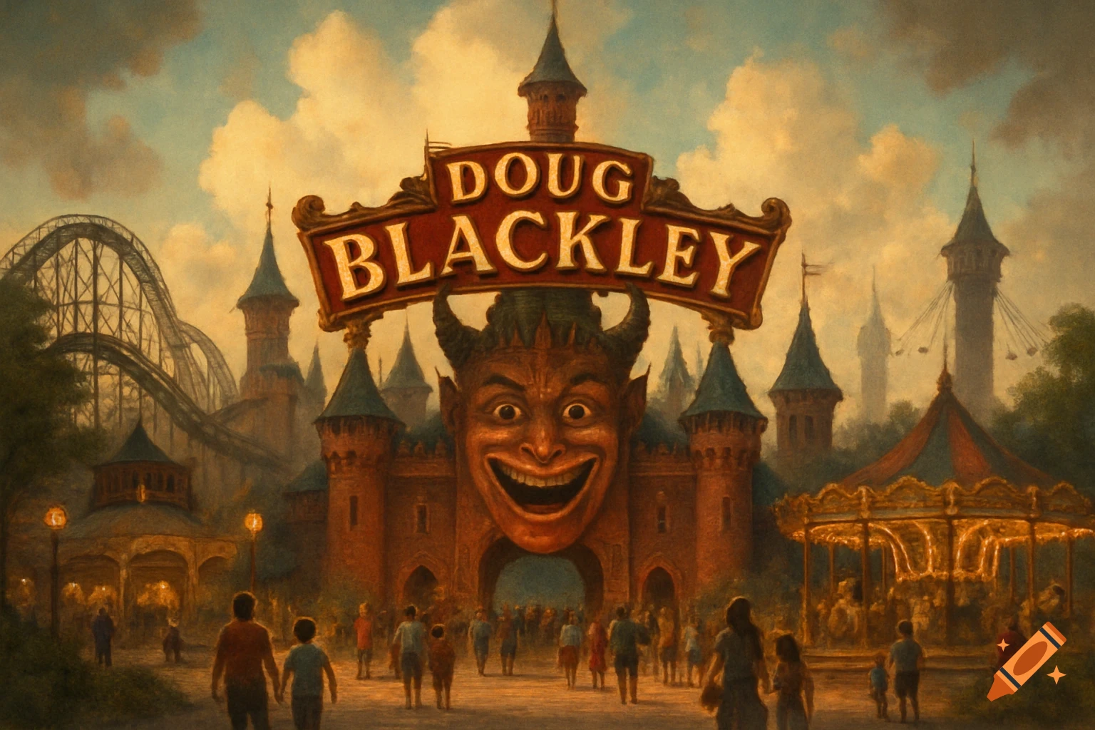 Painterly image of the Doug Blackley theme park entrance with a large devil face, sign, rollercoaster, and carousel.