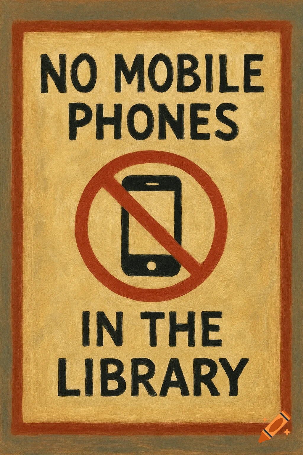 A vintage-style sign with a painted texture that says 'NO MOBILE PHONES IN THE LIBRARY' with a no-mobile-phone symbol.