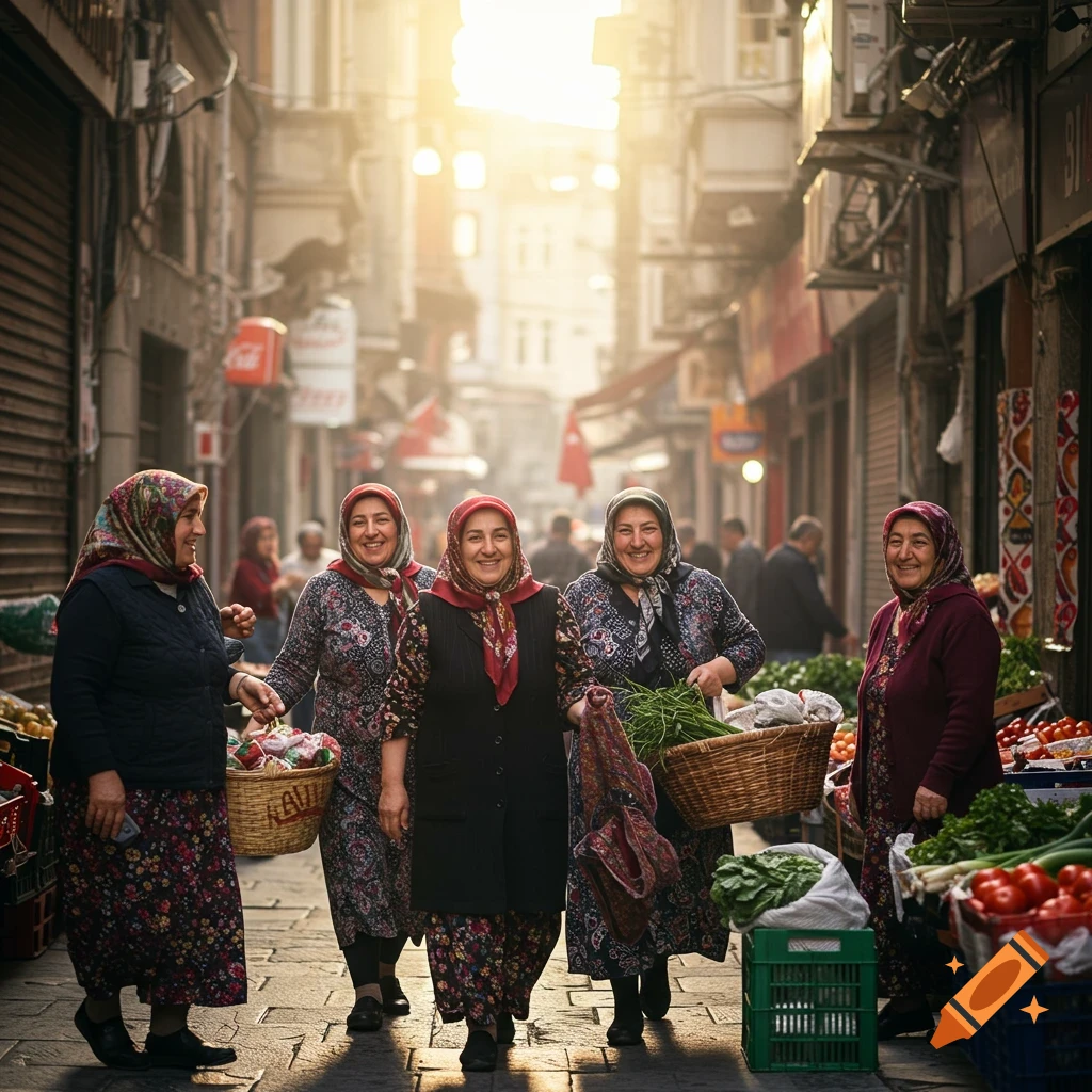 Five Turkish women in traditional headscarves and patterned dresses smiling and carrying baskets of produce down a bustling sunlit street market.