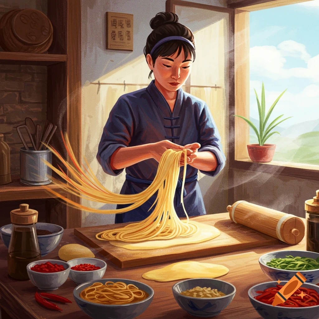 Illustration of a person stretching dough to make noodles in a kitchen with ingredients on a table.