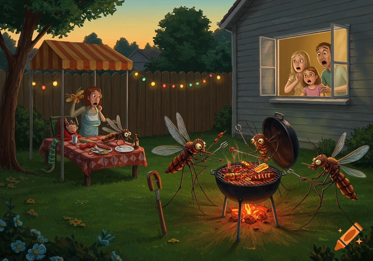 A cartoon illustration shows giant mosquitos having a backyard BBQ with a grill, while a scared family watches from a house window and a woman and child look surprised under a tent.