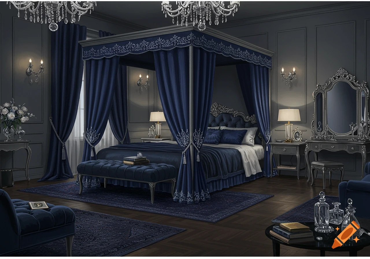 Luxurious blue and silver bedroom with a four-poster bed and elegant furniture.