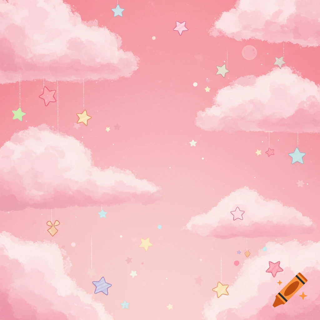 Pink sky background with fluffy watercolor clouds and pastel-colored hanging and floating stars.