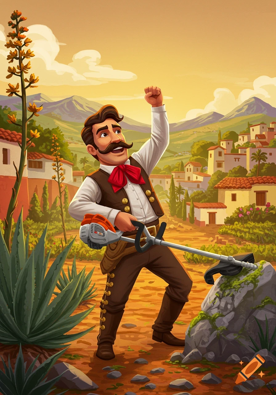 A man in a Mexican-style outfit pulls a weedeater out of a rock in a rural landscape illustration.