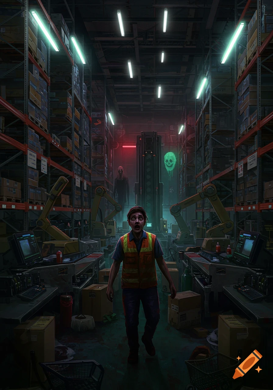 A horror scene in a dark, dystopian Amazon warehouse. A terrified worker in a safety vest stands amidst shelves of boxes, flanked by robotic arms. A shadowy figure and a glowing green skull hover in the background.