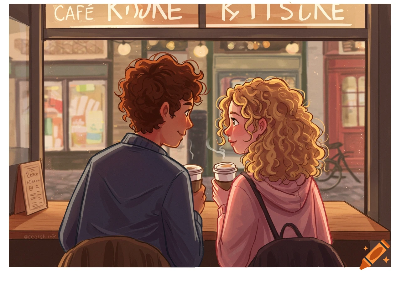 An illustration of a young man and woman with curly hair sitting at a cafe window, holding coffee cups and looking at each other. A street view is visible outside.