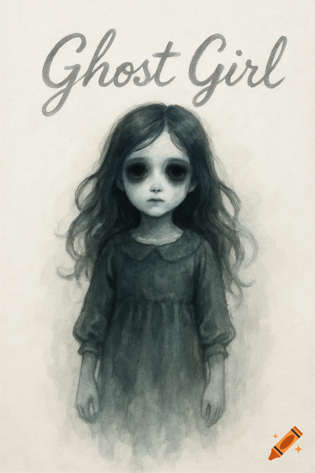 Monochromatic drawing of a sad girl with dark, hollow eyes and long hair, wearing a dress, with 'Ghost Girl' in cursive above.