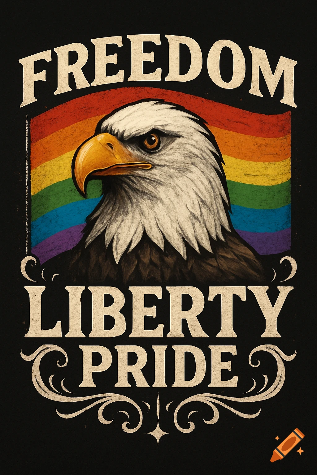 A vintage-style graphic of a bald eagle head in front of a rainbow flag with text 'FREEDOM LIBERTY PRIDE'.