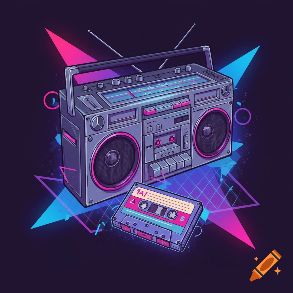 Stylized retro boombox and cassette tape with neon geometric background.