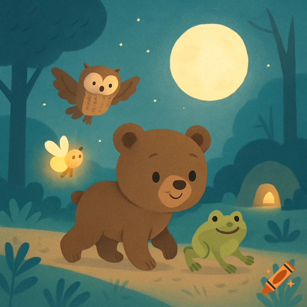 Cute bear, owl, firefly, and frog under a full moon in a forest, children's book illustration.