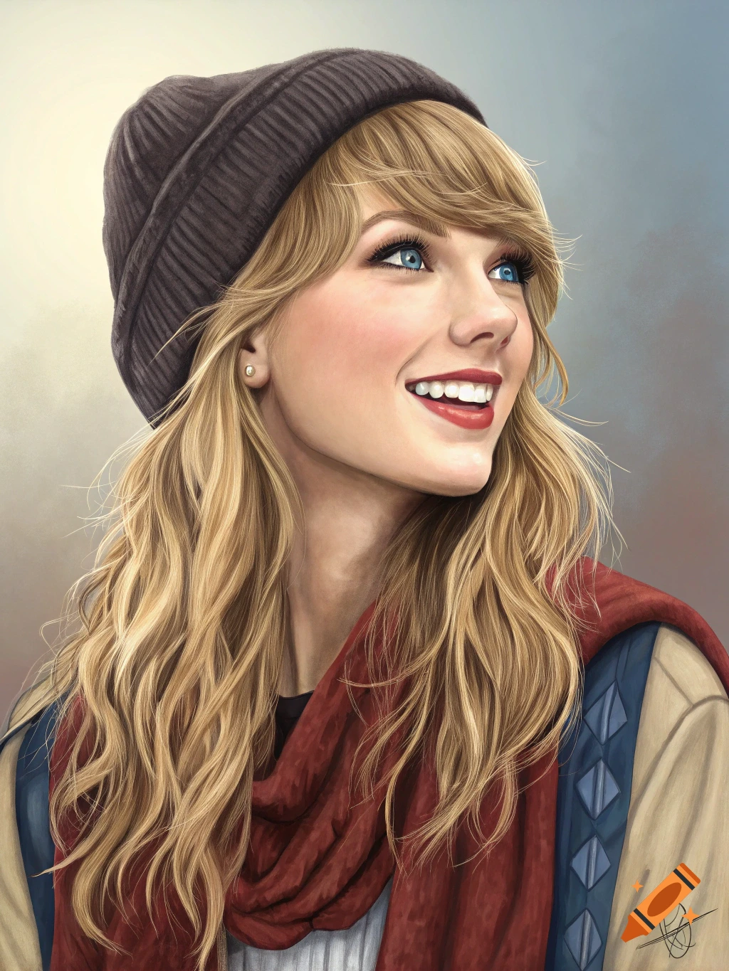 Realistic illustration of Taylor Swift smiling, wearing a dark beanie and a red scarf.