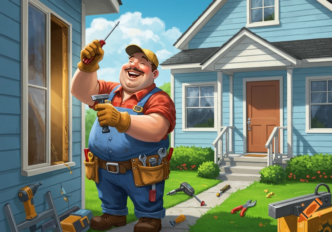 A smiling, plump cartoon handyman in overalls and a toolbelt works on a house window with a screwdriver.