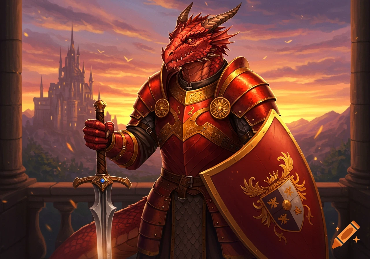 A red dragonborn knight in ornate red and gold armor stands on a balcony, holding a sword and shield, with a castle and sunset background.