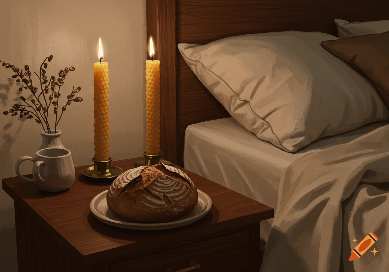 Two lit candles and a round loaf of bread on a nightstand beside a bed in a cozy, illustrative style.