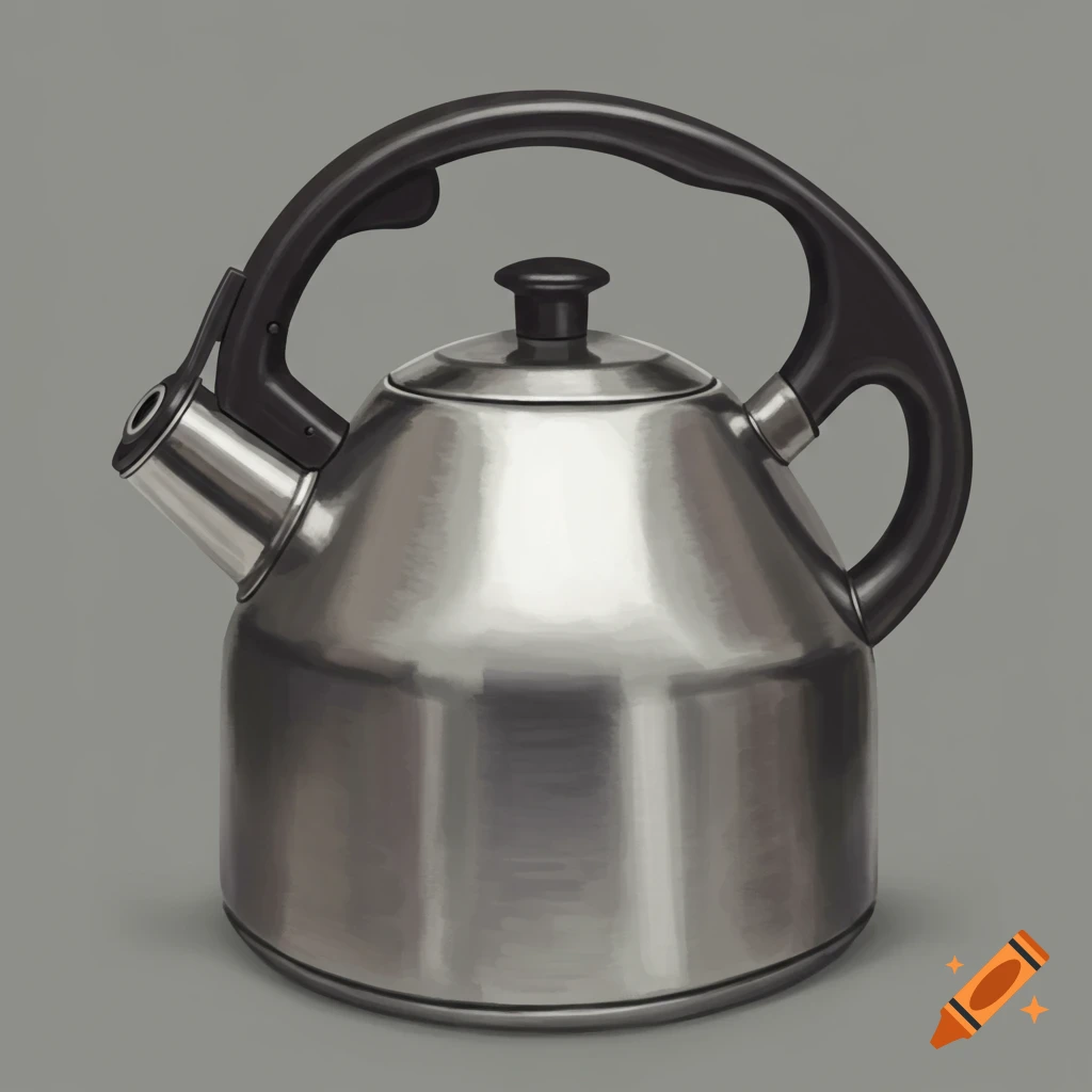 A stainless steel tea kettle with black handles on a gray background.