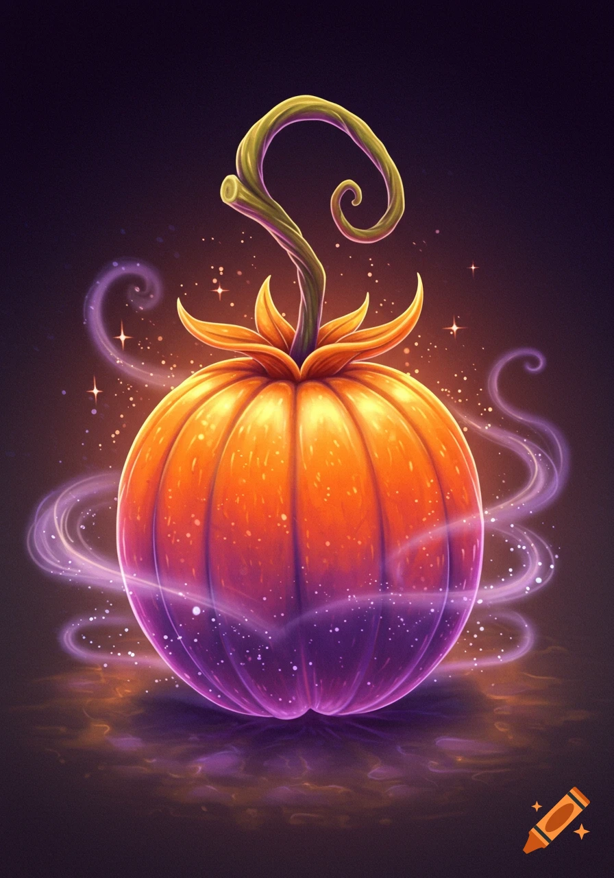 A glowing orange and purple pumpkin with a curved stem, surrounded by magical sparkles and mist. Digital illustration.
