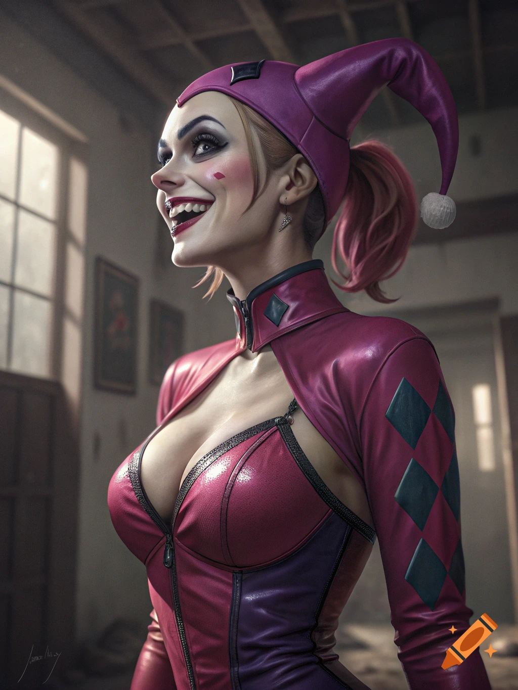 Photorealistic portrait of a woman dressed as Harley Quinn in a low-cut costume, smiling.