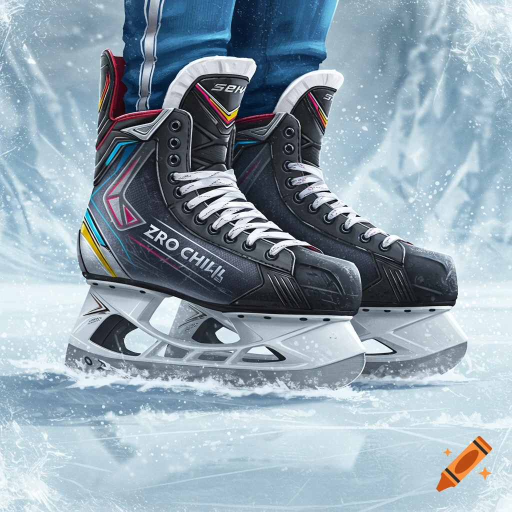 Close-up of black hockey skates with colorful accents on an icy surface, showing the blades and a person's lower legs in blue pants.