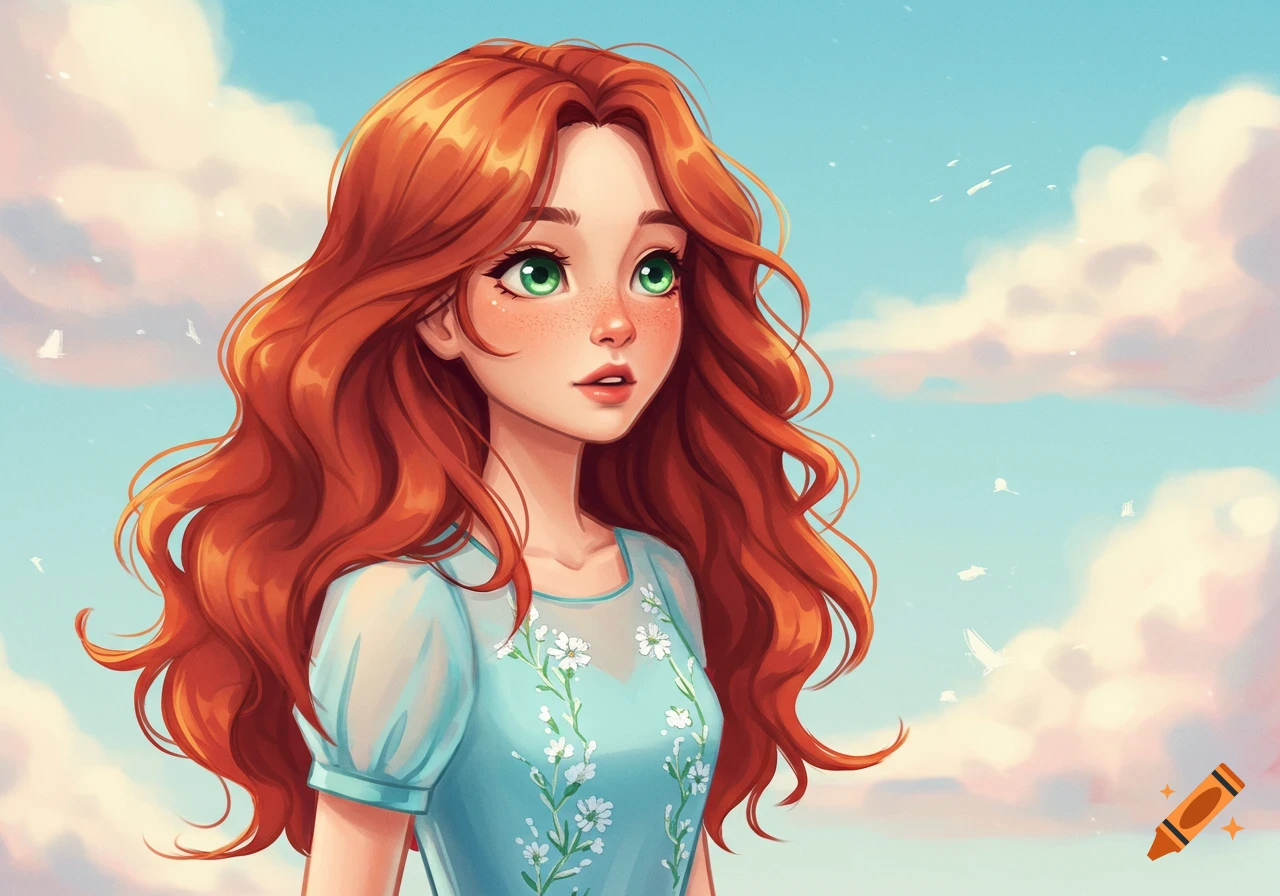 Digital illustration of a girl with red hair and green eyes looking up ...