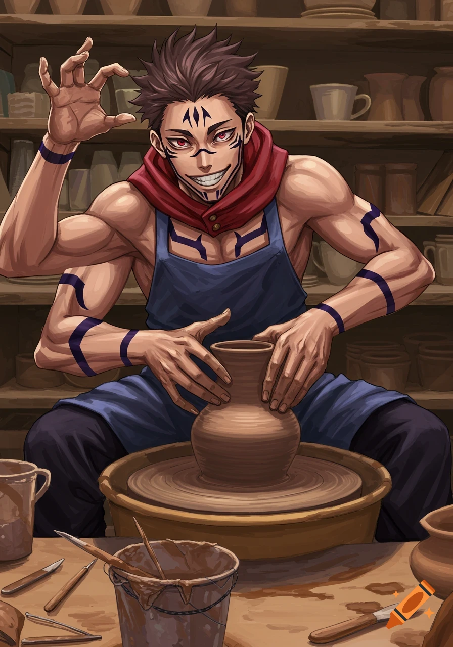 Ryomen Sukuna from Jujutsu Kaisen with four arms doing pottery at a spinning wheel in a workshop.
