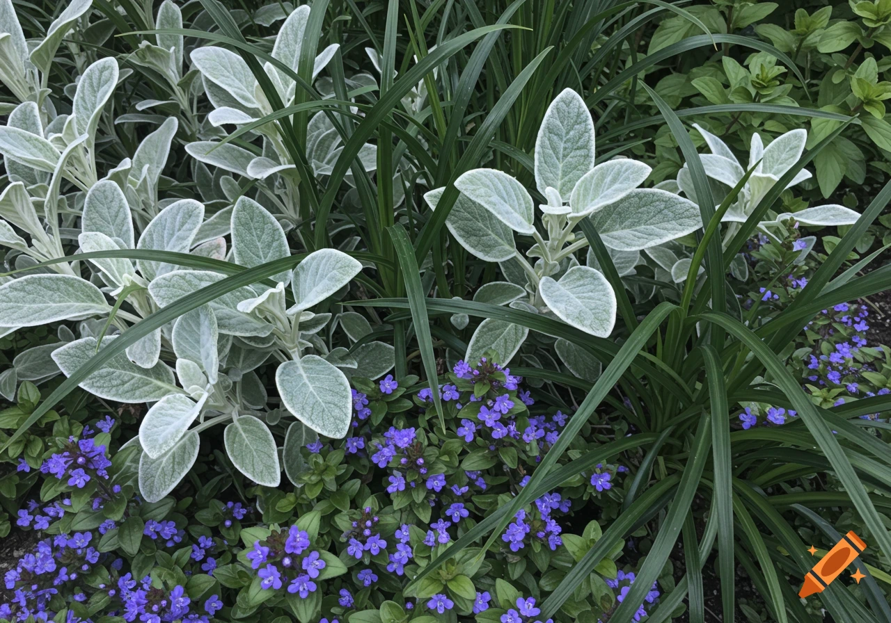 Close-up of different plants including fuzzy grey-green leaves and small purple flowers.