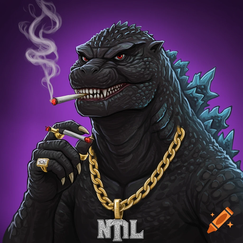 An illustrated Godzilla smoking two blunts, wearing a large gold chain with an 'NTL' pendant and gold rings on a purple background.