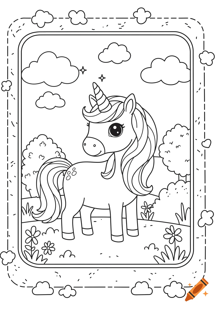 A cute line art illustration of a unicorn in a field with clouds and flowers, designed as a coloring page.