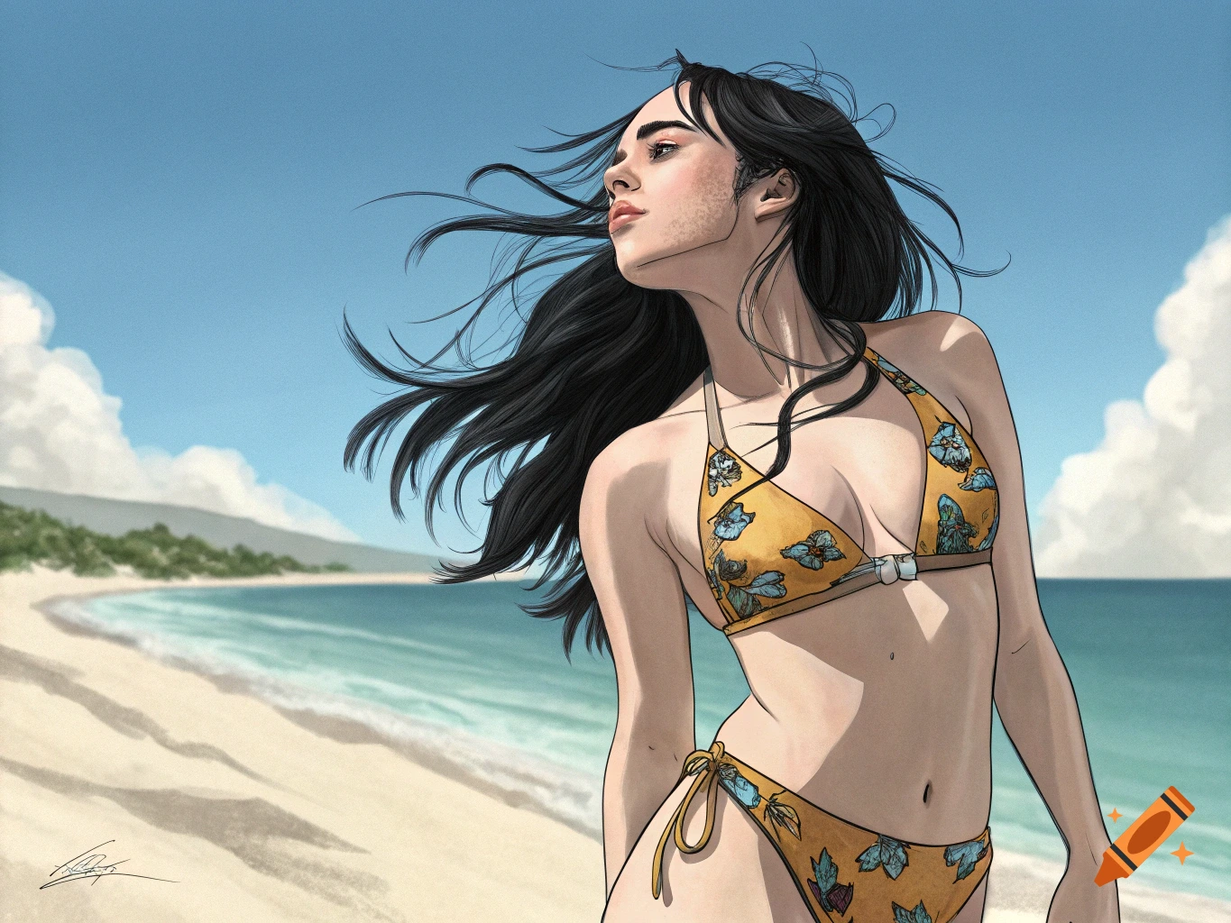 Illustration of a woman in a yellow floral bikini on a beach.