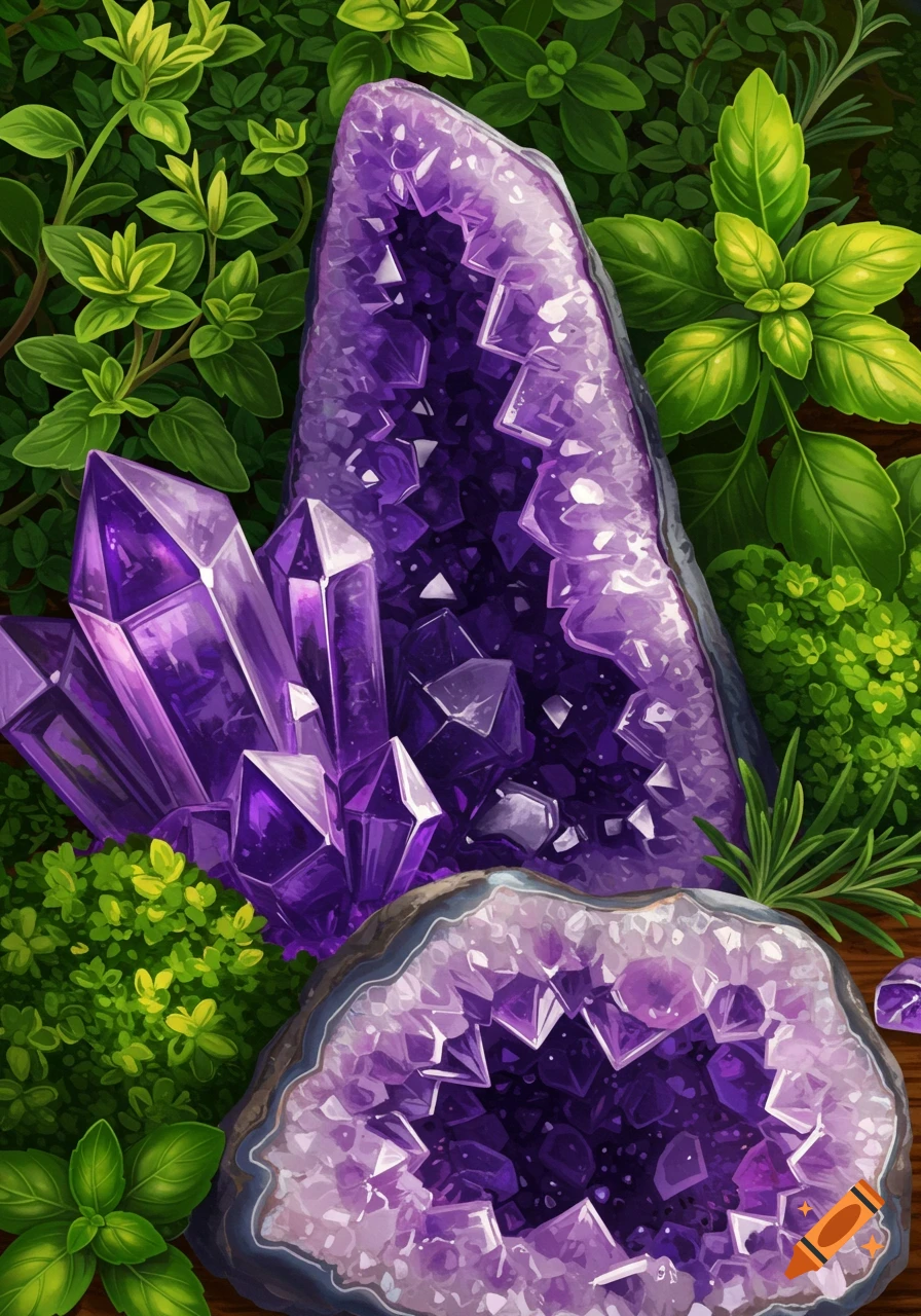 Purple amethyst crystals and geodes surrounded by green herbs and plants, depicted in a vibrant, illustrative style.