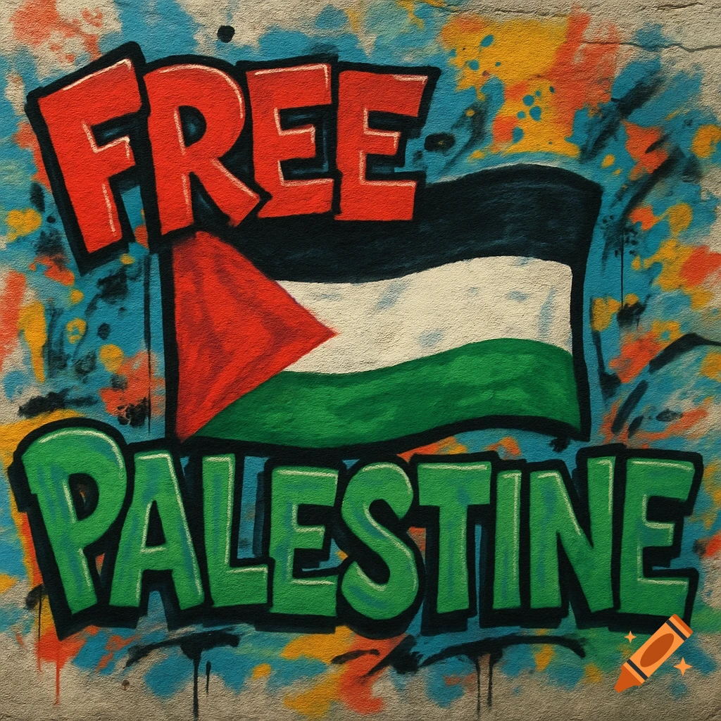Graffiti on a textured wall featuring the words 'FREE PALESTINE' in bold red and green bubble letters, with a Palestinian flag between them.