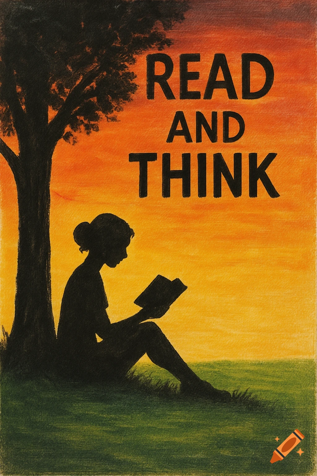 A silhouette of a person reading under a tree at sunset with the words 'READ AND THINK' above them, in a textured art style.