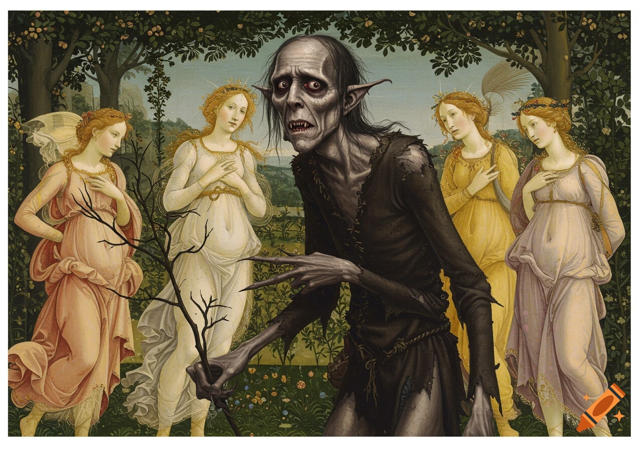 A gaunt, monstrous figure resembling Gríma Wormtongue stands in the foreground, with four classically robed women behind him in a lush, Botticelli-style forest.