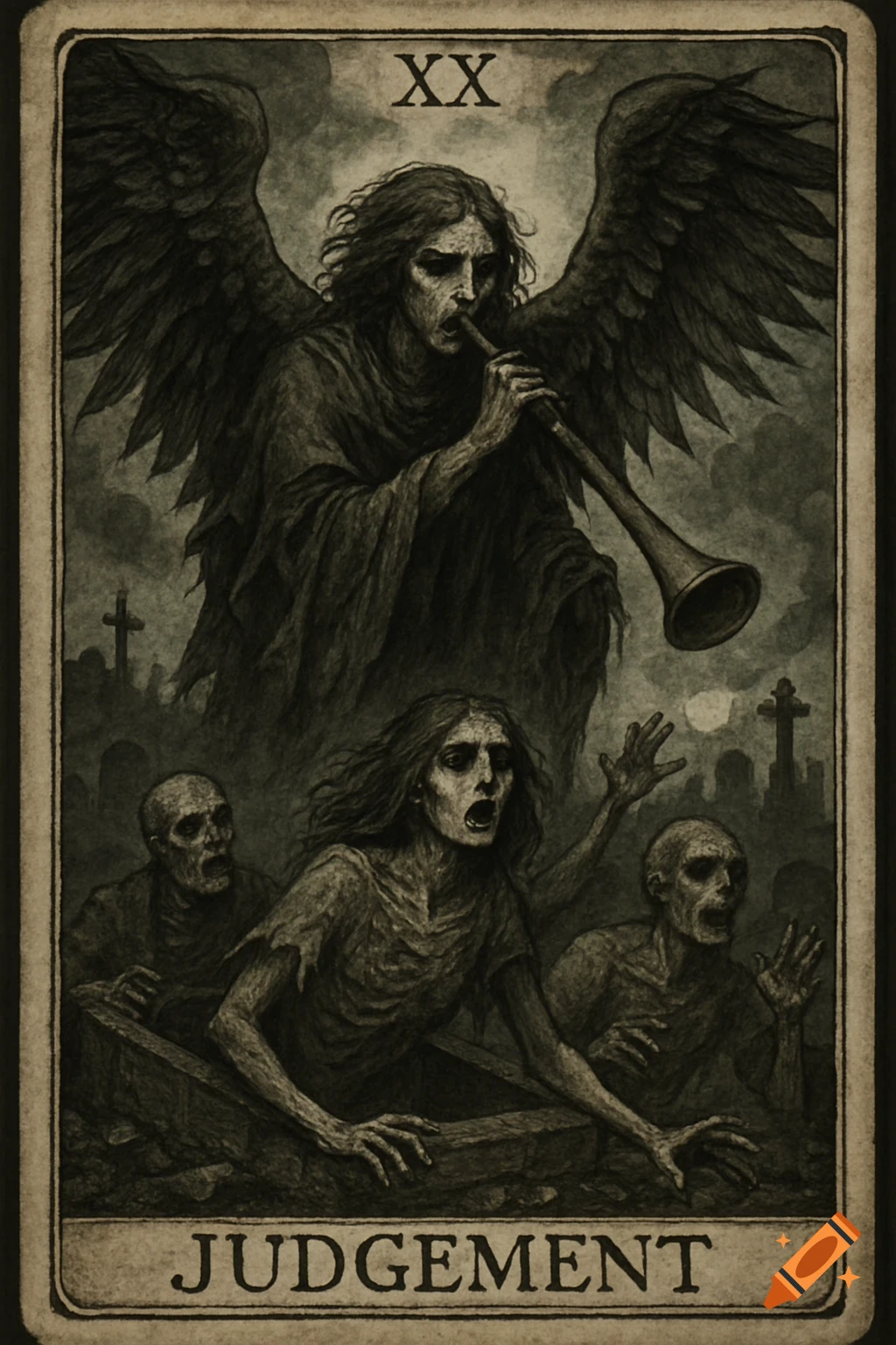 A gothic tarot card depicting a dark angel blowing a trumpet over zombies emerging from graves, with 'XX' and 'JUDGEMENT' text.