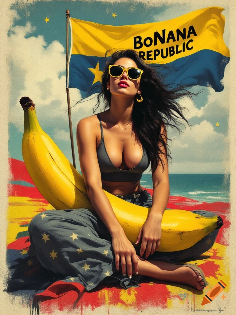 Vintage poster of a Latina woman sitting on a large banana on a beach, with a flag reading 'BONANA REPUBLIC' in the background.
