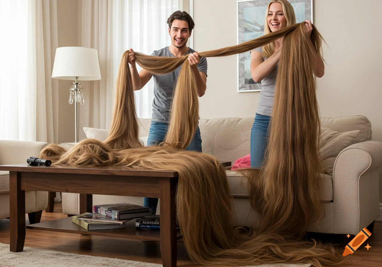 A man and a woman in a living room holding up incredibly long, thick hair. Piles of hair cover the coffee table and couch.