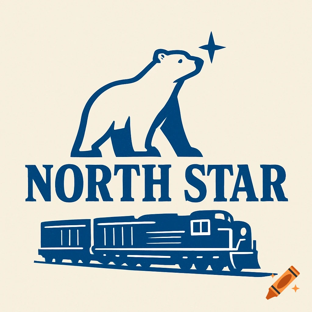 Blue and off-white graphic logo with a polar bear, star, 'NORTH STAR' text, and a train locomotive.