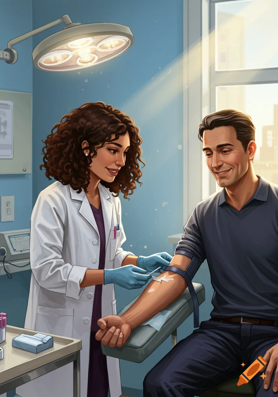 A phlebotomist in a white coat and blue gloves draws blood from a male patient's arm in a bright doctor's office, cartoon style.